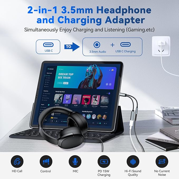 USB C Splitter for KZ ZS10 PRO, CCZ CA01 USB C to 3.5mm Audio Headphone and Charger Adapter, Type C Headphone Splitter 1 in 2 Out, IEM Cable DAC Dongle for Samsung Galaxy S25/S24/S23/S22 (USBC-3.5MM)