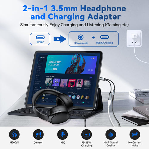 2PCS USB C Splitter for KZ ZS10 PRO, CCZ CA01 USB C to 3.5mm Audio Headphone and Charger Adapter, Type C Headphone Splitter 1 in 2 Out, Dongle Audio Cable DAC for Samsung Galaxy S25/S24 (USBC-3.5MM)