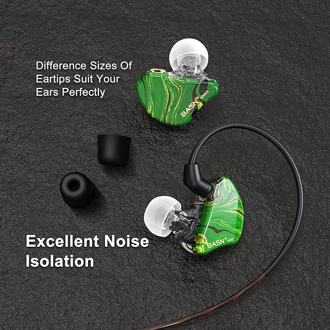 BASN MMCX in-Ear Monitors with Sound Isolation, Triple Driver Musicians HiFi Stereo IEMs Headphones with Upgraded Detachable Cables (Forest Green)