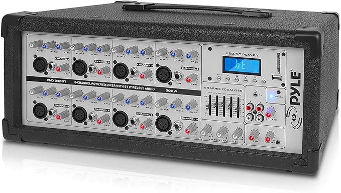 PyleUsa 8 Channel Bluetooth Stage Powered Mixer, 800 Watt Pro Audio Sound Mixer, MP3 USB SD Readers, Aux Input, Digital LCD Display, Built in Cooling Fan