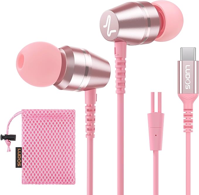 LUDOS OMNITONE USB C Headphones for iPhone 16 15 Pro Max Plus iPad Pro, 5 Years Warranty, USB-C Earbuds for Samsung Galaxy S24 S23 Ultra S22 S21 FE S20 A55 A54 A53, USB Type C Earphones - Pink