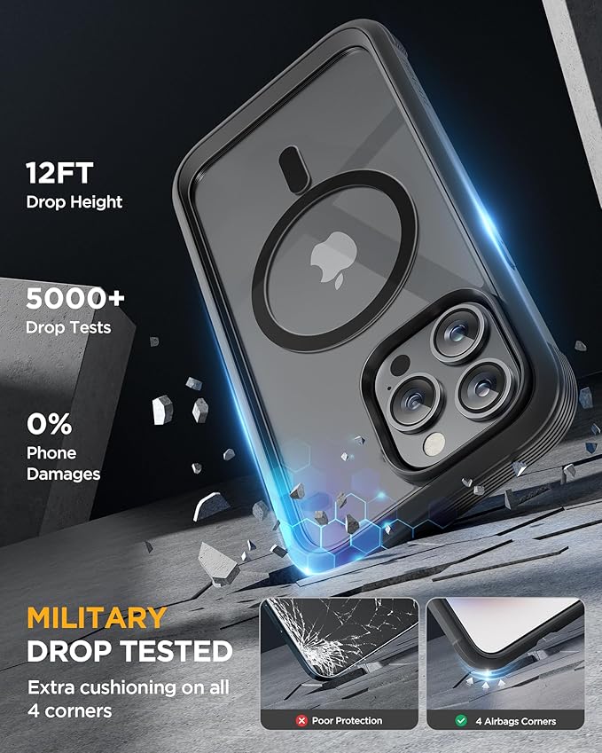 Miracase Magnetic for iPhone 12 Pro Max Case [Compatible with MagSafe] Full-Body Phone case with Built-in Glass Screen Protector& Camera Protector, Military Drop Proof 12 Pro Max Cover, Black