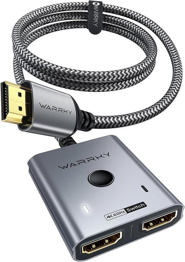 HDMI Switch 2 in 1 Out 4K@60Hz, WARRKY[with 3.3ft Fixed Braided HDMI Cable, Aluminum Case, 2K@144Hz, HDCP 2.2] Bidirectional 2x1 Switcher Splitter Compatible for PS5/4, Xbox, Roku, FireStick, Switch
