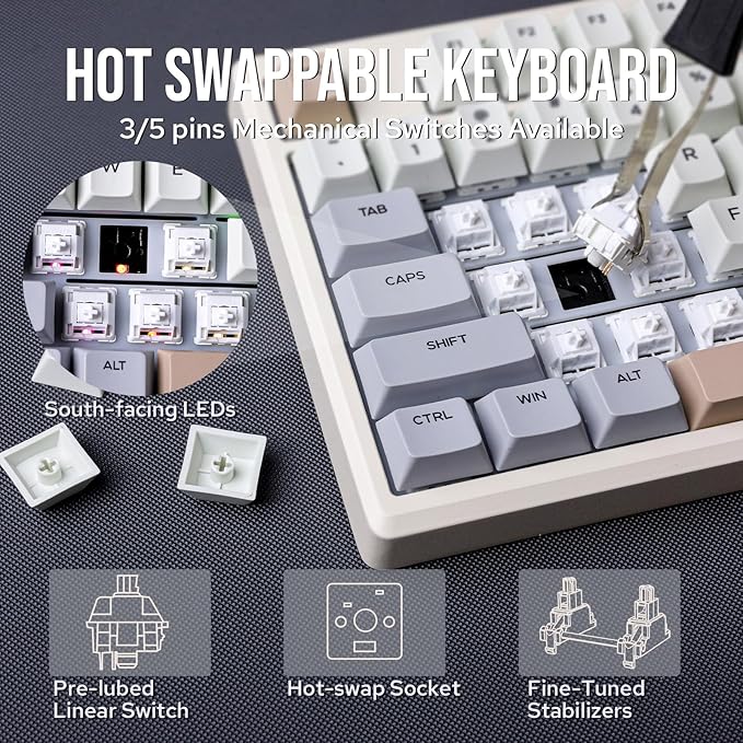 EPOMAKER Galaxy100 QMK/VIA Wireless Gaming Keyboard, Aluminum Shell, Bluetooth/2.4Ghz/USB-C, Pre-Lubed Hot-Swappable Linear Switches, NKRO, RGB Backlit (Creamy White, Wisteria Linear Switch)