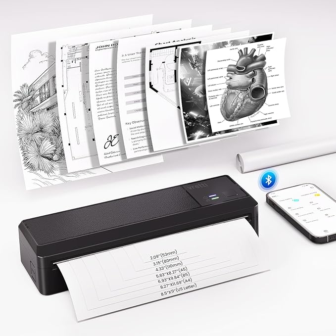 vretti P83 Portable Printers Wireless for Travel, A4 Portable Thermal Printer, Mobile Inkless Printer Compatible with Phone & Laptop, Supports 8.5 x 11 US Letter for Car School Office Home Use, Black