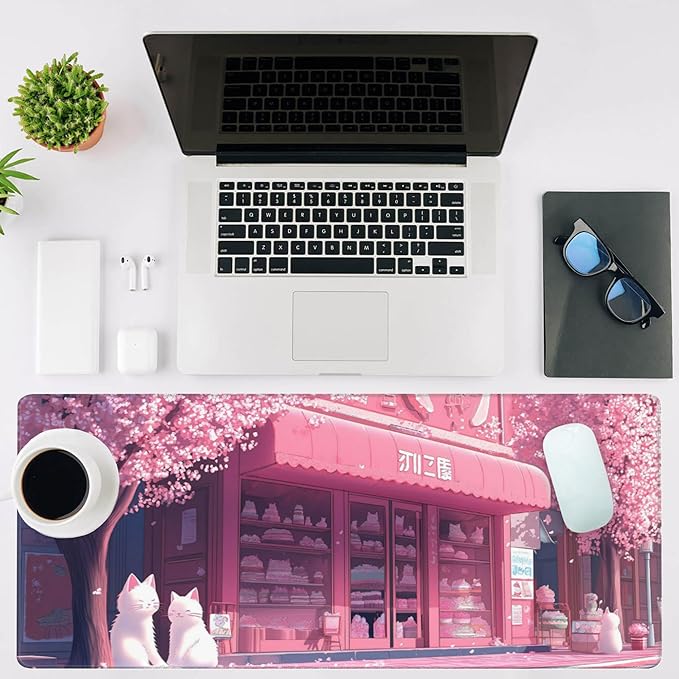 Mouse Pad Large Cake Shop and White Cats Non-Slip Gaming Desk Mat with Stitched Edge Laptop Keyboard Desk Pad for Work Home Gaming (35.4 x 15.7 Inches)