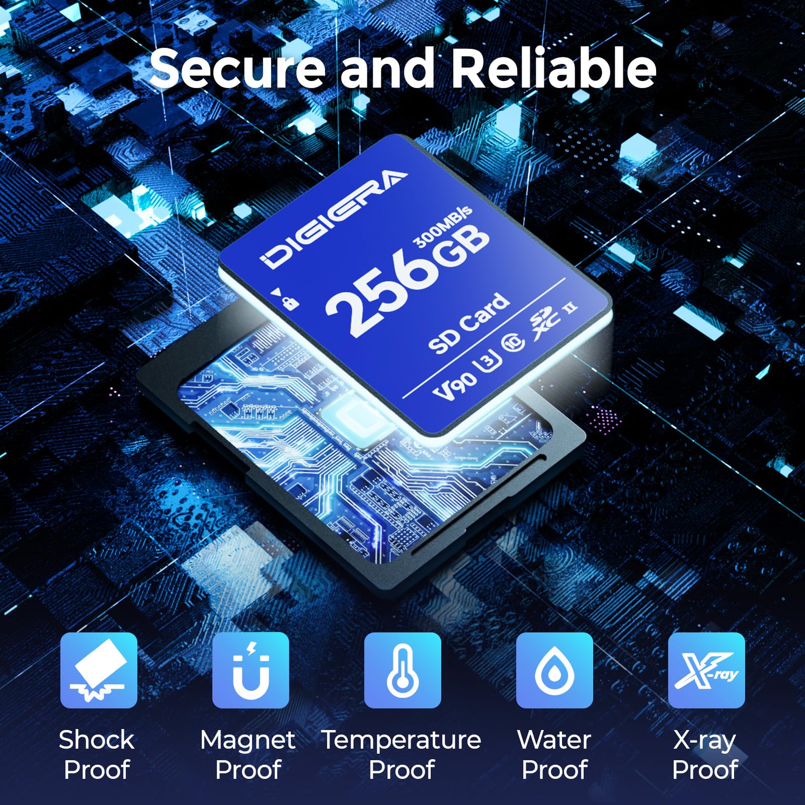 DIGIERA 256GB LSU200 SDXC UHS-II Memory Card - up to 300MB/s, C10, U3, V90, 8K, SD Card for Computers, Digital Cameras, Home Theatre Devices, Car Navigation Systems (1 Pack)