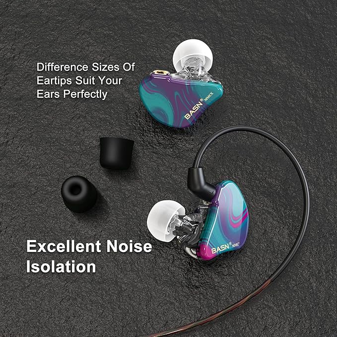 BASN MMCX Triple Driver in-Ear Monitors with Rich Bass, HiFi Stereo IEM Earphones with Upgraded Detachable Cables for Audiophiles Musicians (Purple Aurora)