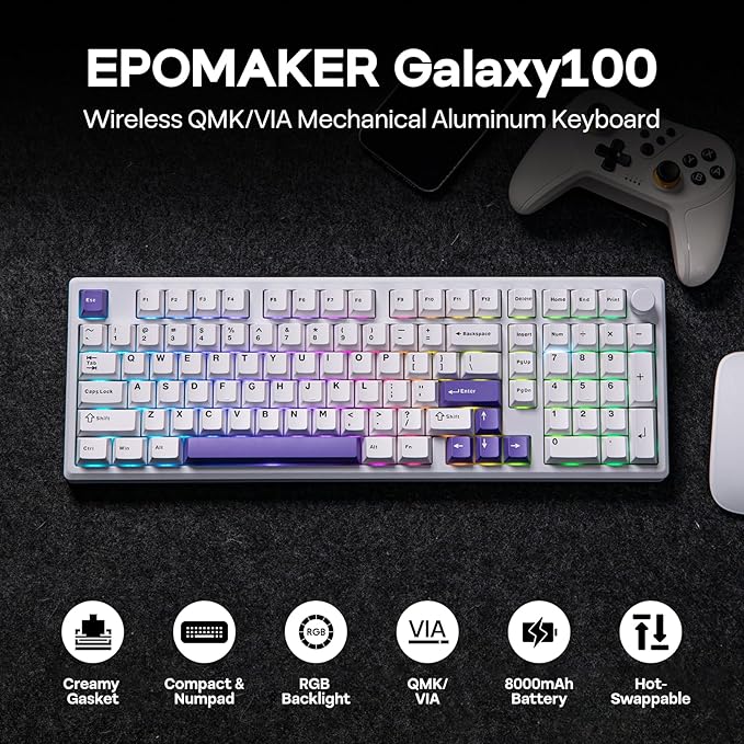 EPOMAKER Galaxy100 QMK/VIA Wireless Mechanical Keyboard with 8000mAh Battery and Numpad, CNC Aluminum, Full Size Gaming Keyboard, USB-C/BT5.0/2.4Ghz (White Purple, Wisteria Linear Switch)