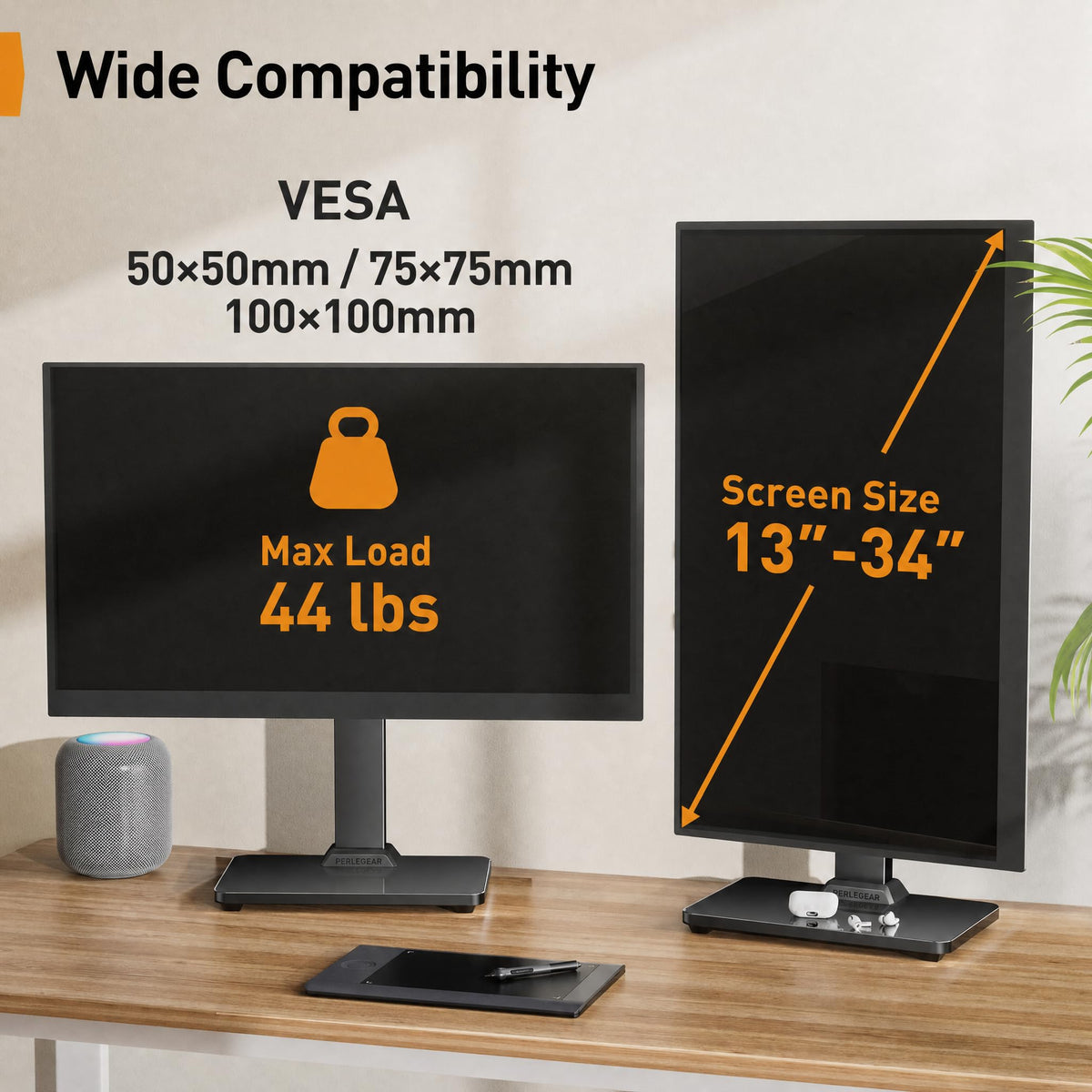 Perlegear Single Monitor Stand for 13–34 inch Screens up to 44 lbs
