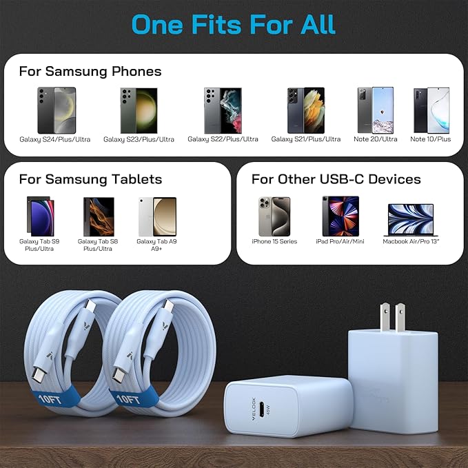 45W Super Fast Charger USB C, 45 Watt Type-C Android Phone Charger Fast Charging Block with 10FT Type C Cords for Samsung Galaxy S25 Ultra/S24 Ultra/S24+/S23 Ultra/S22 Plus/S20, Tab S9/S8 Ultra(Blue)