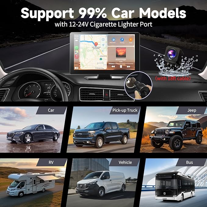 Carplay Screen for Car, 9" Android Auto Screen Compatible with A-pple Carplay, Portable Wireless Car Stereo Audio Receivers with Backup Camera, MirrorLink, Siri, BT, AUX, Navigation for All Vehicles