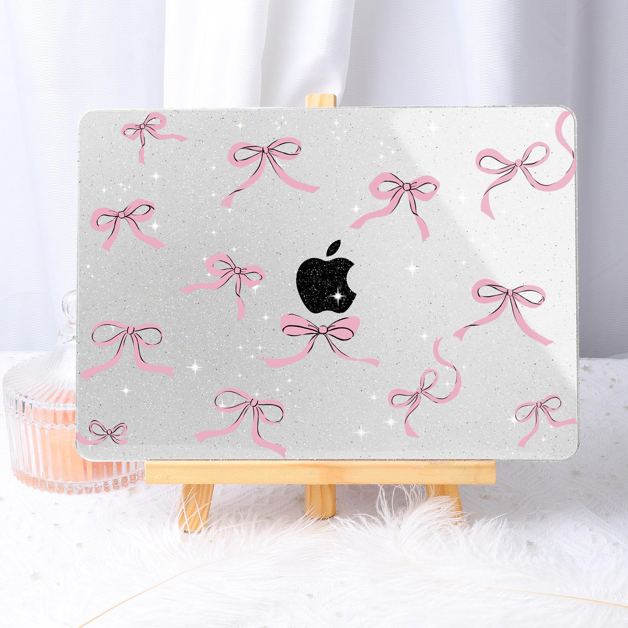 May Chen Case for MacBook Air 13/13.6 inch M5 A3449 M4 A3240 M3 A3113 M2 A2681, 2026 2025 2024-2022, Plastic Hard Shell with Keyboard Cover & Screec Protector, Clear Glitter Bow