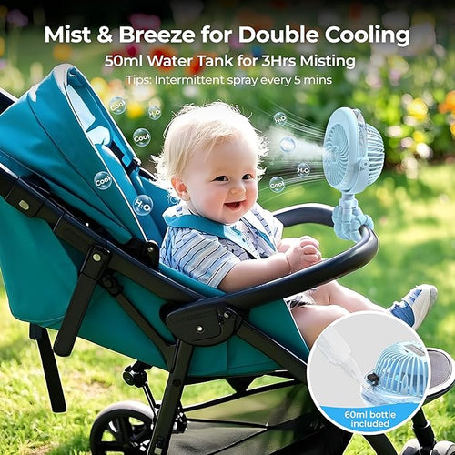 2025 Upgarded 4000mAh Misting Baby Stroller Fan, Rechargeable Battery Operated,Max 15Hrs Cooling,50ml Portable Water Sprayer Misting Fan with Flexible Tripod Clip on Car Seat Crib Treadmill Bunk Bed