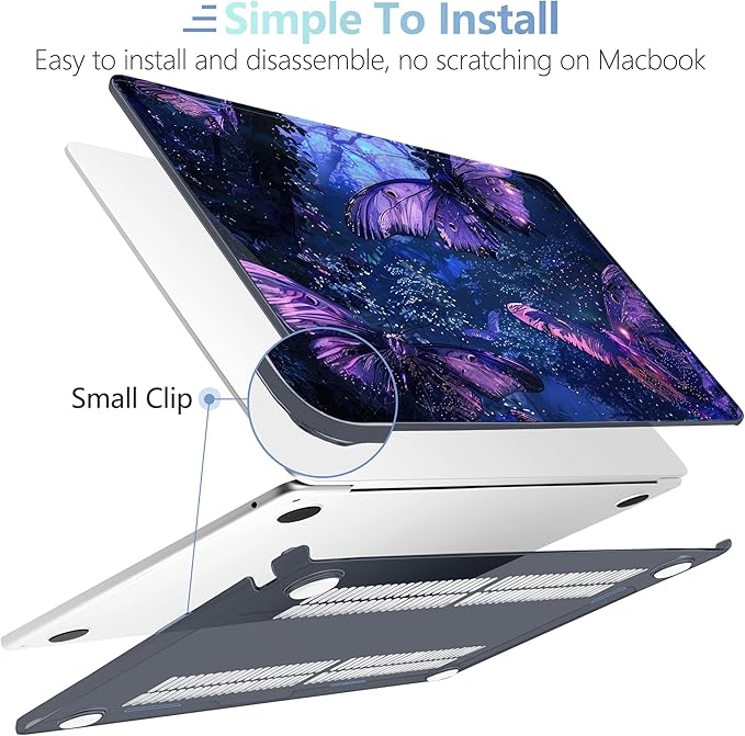 MEEgoodo Case for M4/M3/M2 MacBook Air 13.6 inch Case 2025 2024 2022, Fit Model A3240/A3113/A2681, Laptop Hard Shell with Keyboard Cover Compatible with MacBook Air 13 inch, Purple & Blue Butterflies
