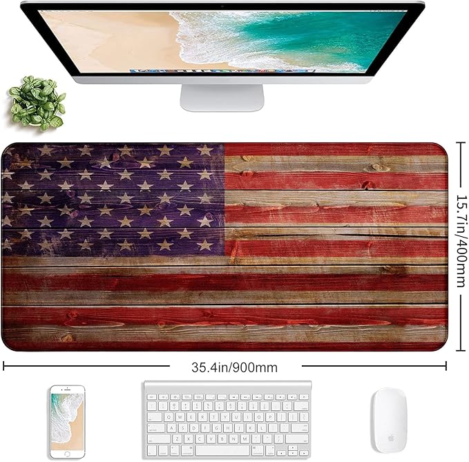 Patriot Wood Grain American Flag Extended Large Gaming Computer Mouse Pad, Suitable for Home Office and Study Keyboard Mouse Pad 35.4 x 15.7 x 0.12 Inches