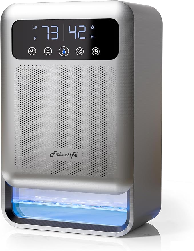 Frizzlife Air Dehumidifier, 135oz Water Tank W/Purifying Function, Quiet Small Dehumidifiers With Sleep Mode For Home, Bedroom, Bathroom, Basement W/Auto Shut Off, 7 Colors LED Light, Gray