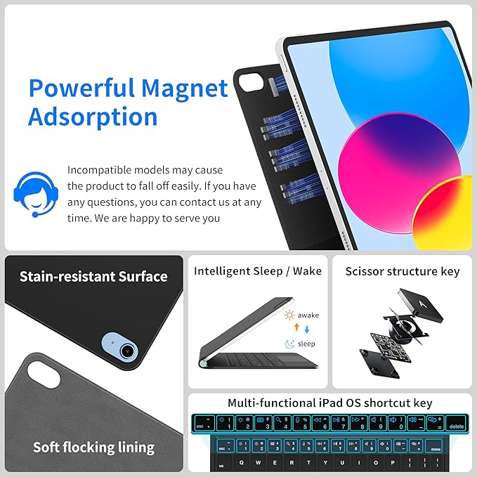 for iPad 11th (A16 2025) & iPad 10th Generation Case with Keyboard – Magic-Style Magnetic Keyboard for ipad 10th generation (10.9-inch 2022) with 7 Color Backlight, Multi-Touch Trackpad (Black)