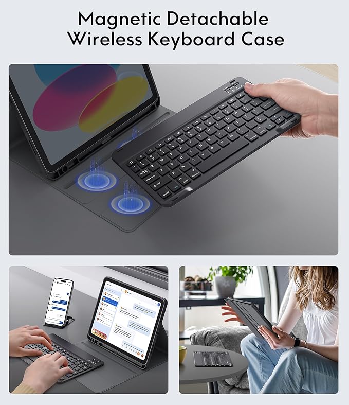 CHESONA Keyboard Case for iPad (A16) 11th/10th Generation (2025/2022), Detachable Wireless Keyboard, Stand Folio Keyboard Cover with Pencil Holder, Thin & Light (Black)