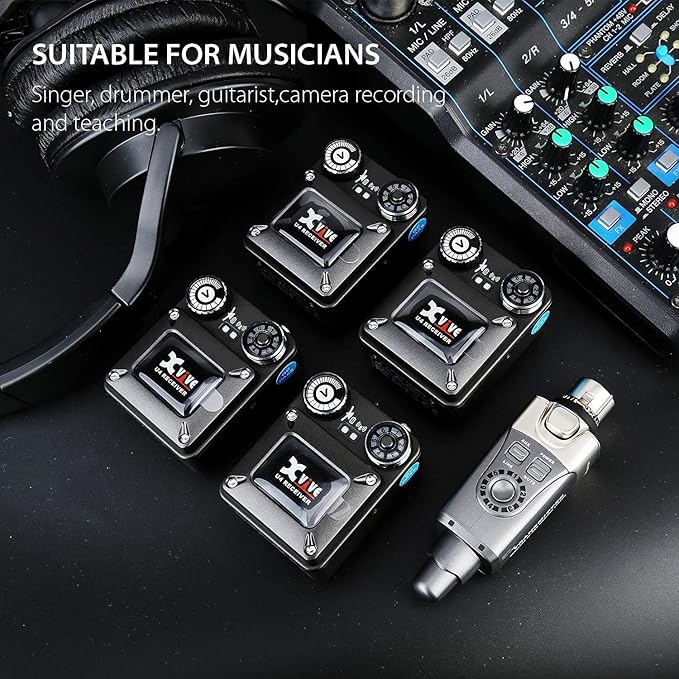Xvive U4R4 Wireless in-Ear Monitor System 1 Transmitter and 4 Beltpack Receiver Personal IEM for Studio, Band Rehearsal,Live Performance