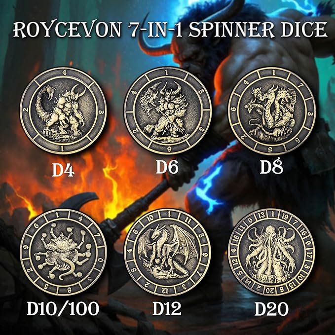 7 in 1 D6 Spinner DND Dice Set D&D, Metal Cube D and D Dice with Gift Box, Dungeons Dragons Role Playing Dice, Bronze