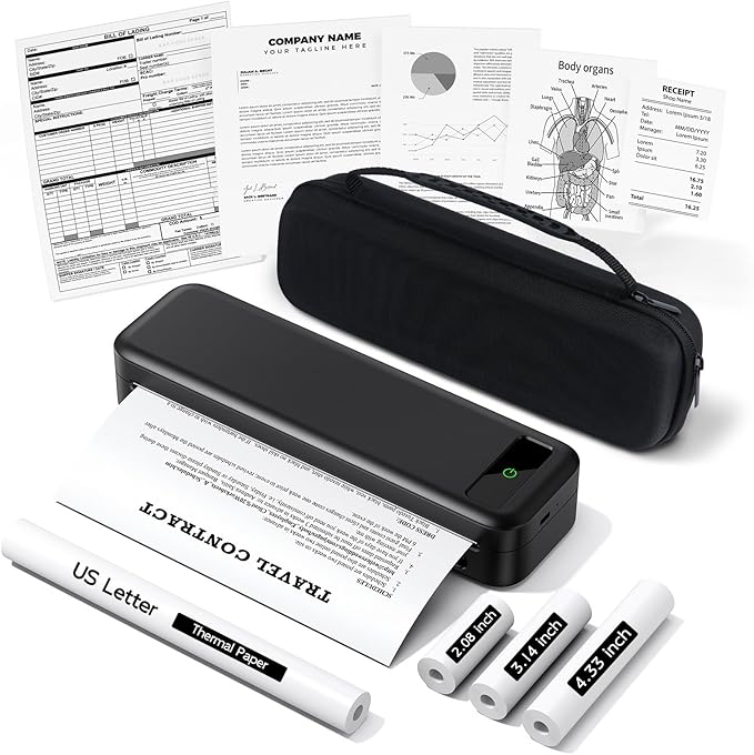 Portable Printers Wireless for Travel, Bluetooth Inkless Thermal Printer Support 8.5" X 11" US Letter, Mobile Printer for Phone Laptop, with Case and 4 Rolls Thermal Paper Kit, for Home Office Receipt