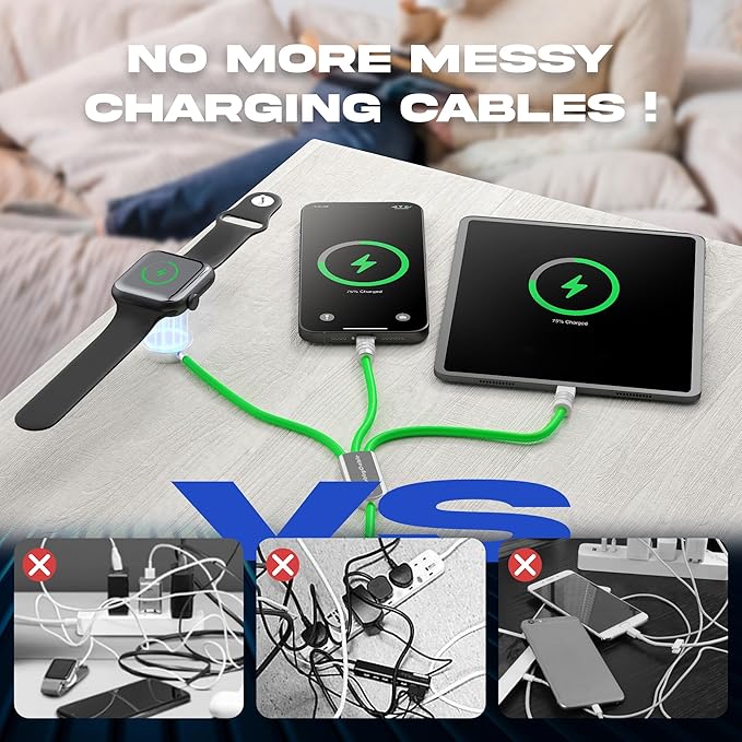 chubbycable Tri-Flex 3 in 1 USB C Cable for Apple Watch Charger Silicone 100W Multi Charging Cable Fast Charge Compatible with iPhone 16/15 Series iWatch iPad Airpods MacBook, 4.1FT, Orange