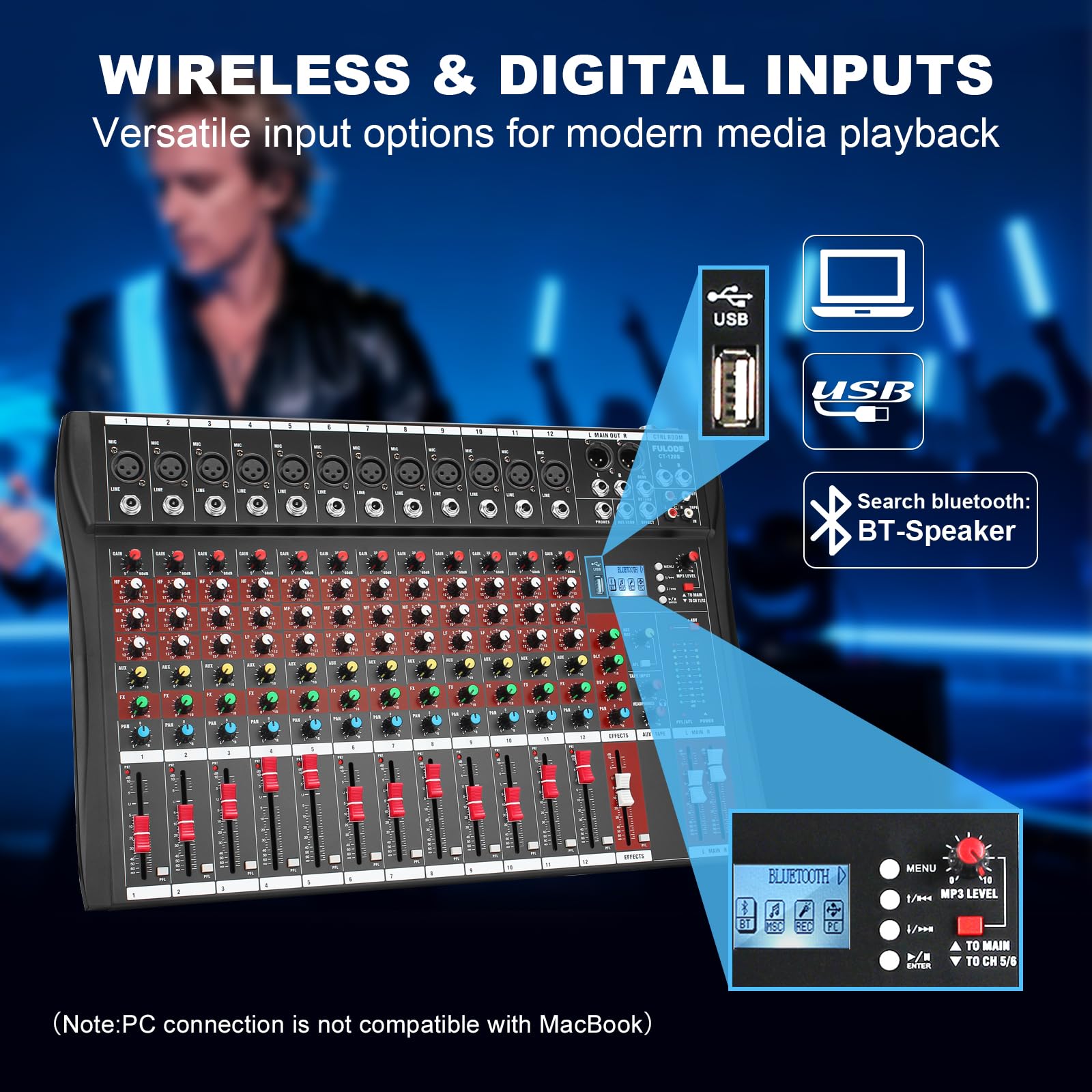 FULODE 12 Channel Audio Mixer, Professional Music Mixer Board DJ Mixing Console with Bluetooth, USB/MP3 Player, Reverb, and 48V Phantom Power for Studio Recording, Karaoke, and Live Performances