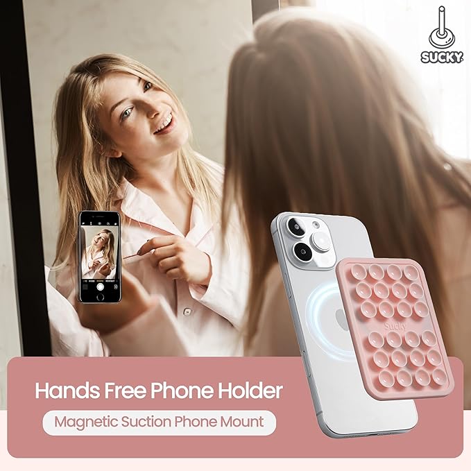 SUCKY Magnetic Suction Cell Phone Grip for MagSafe Case, Silicone Octo Cup Buddy Holder, Hands-Free Removable Mount, Durable Magnet Phone Accessory for iPhone and Android - Chalk Pink