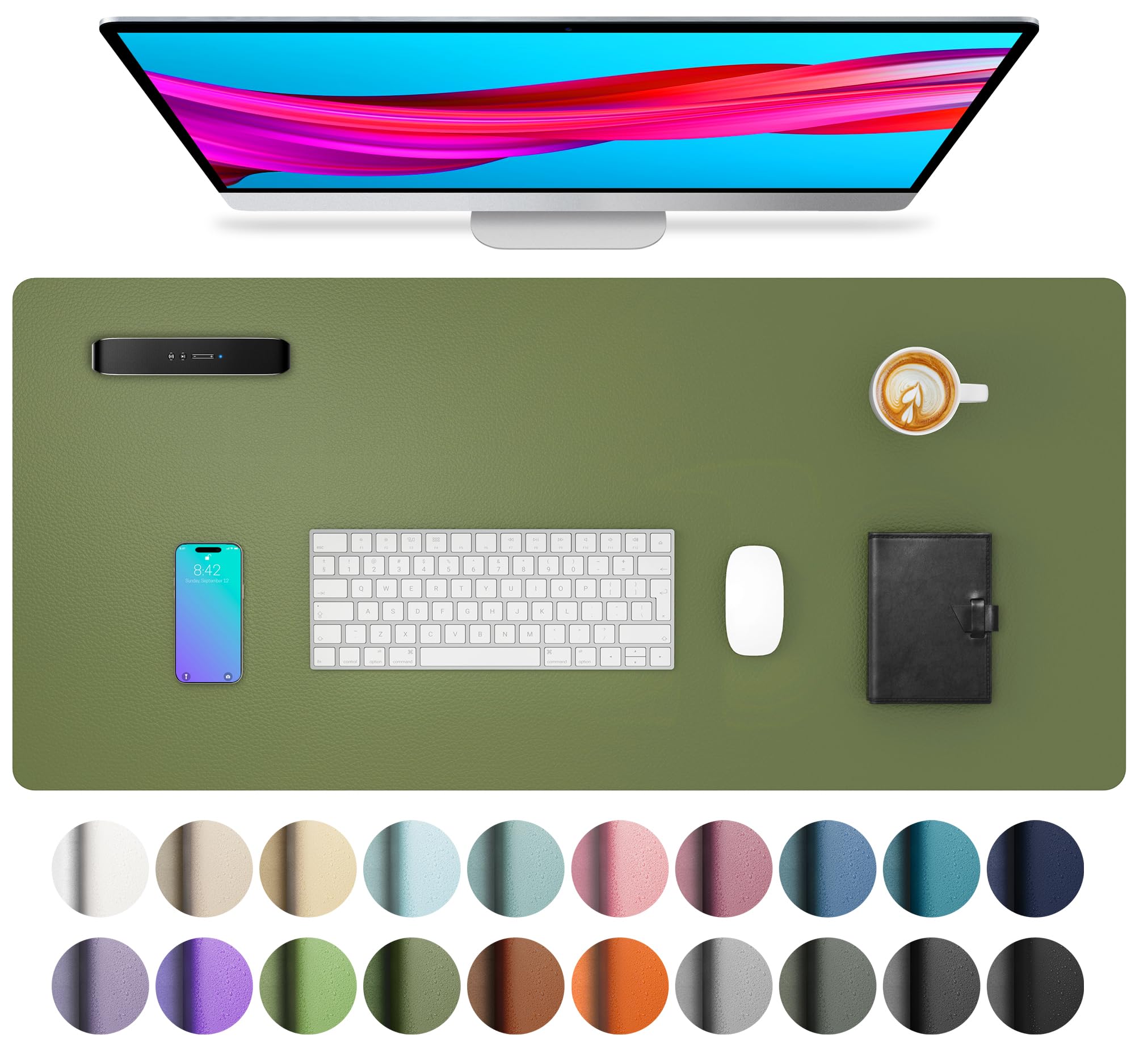Aothia Desk Protector Mat, Mouse Pad, Non-Slip Waterproof PU Leather Desk Blotter, Laptop, Writing for Office and Home (23.6" x 13.7", Olive Green)