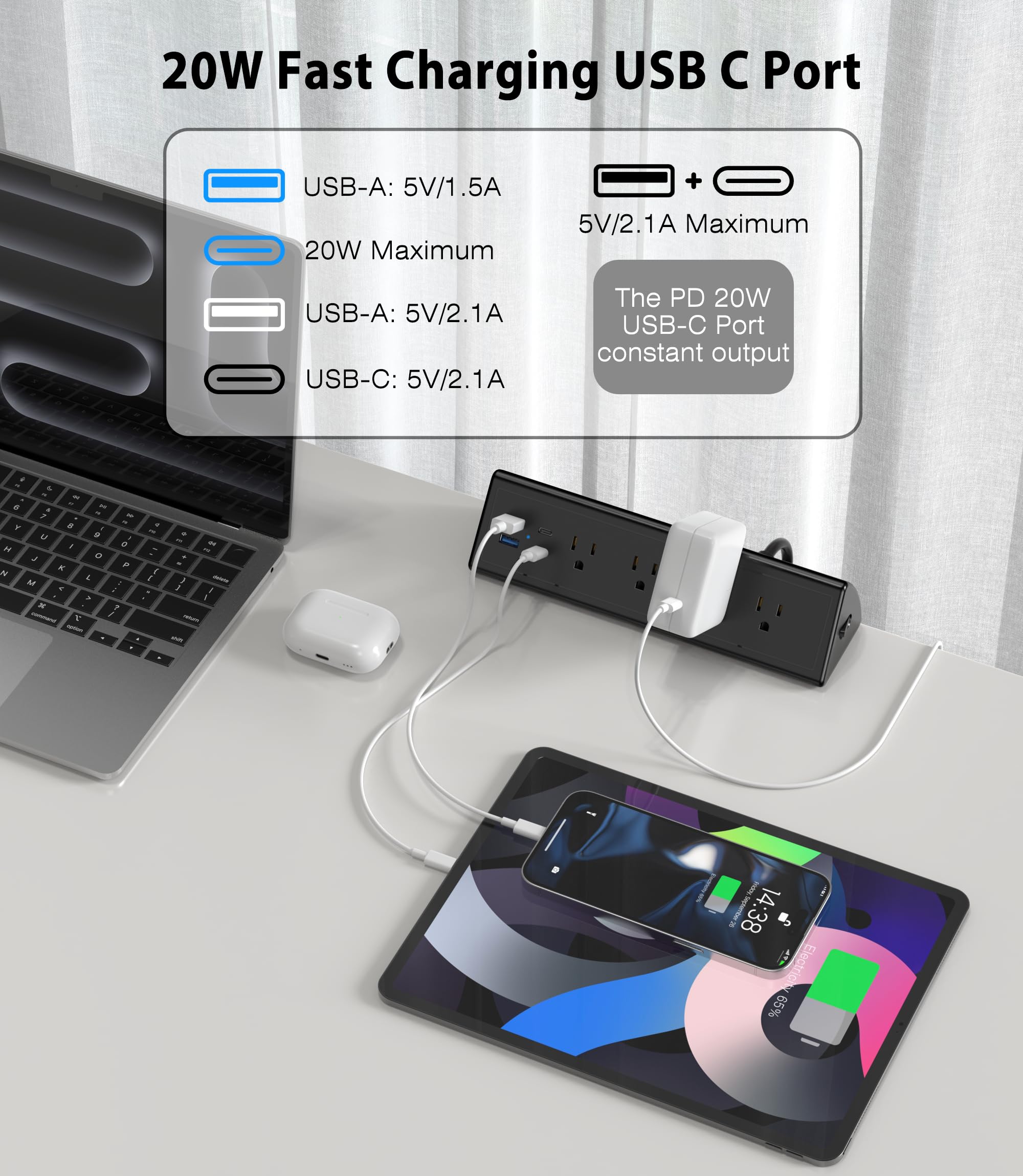 Jgstkcity Desk Clamp Power Strip,20W Fast Charging Station,Surge Protector Nightstand Edge Mount,1875W Extension Cord with Multiple Outlets,2 USB-C,2 USB-A,for Home Office (Black, 10 FT)
