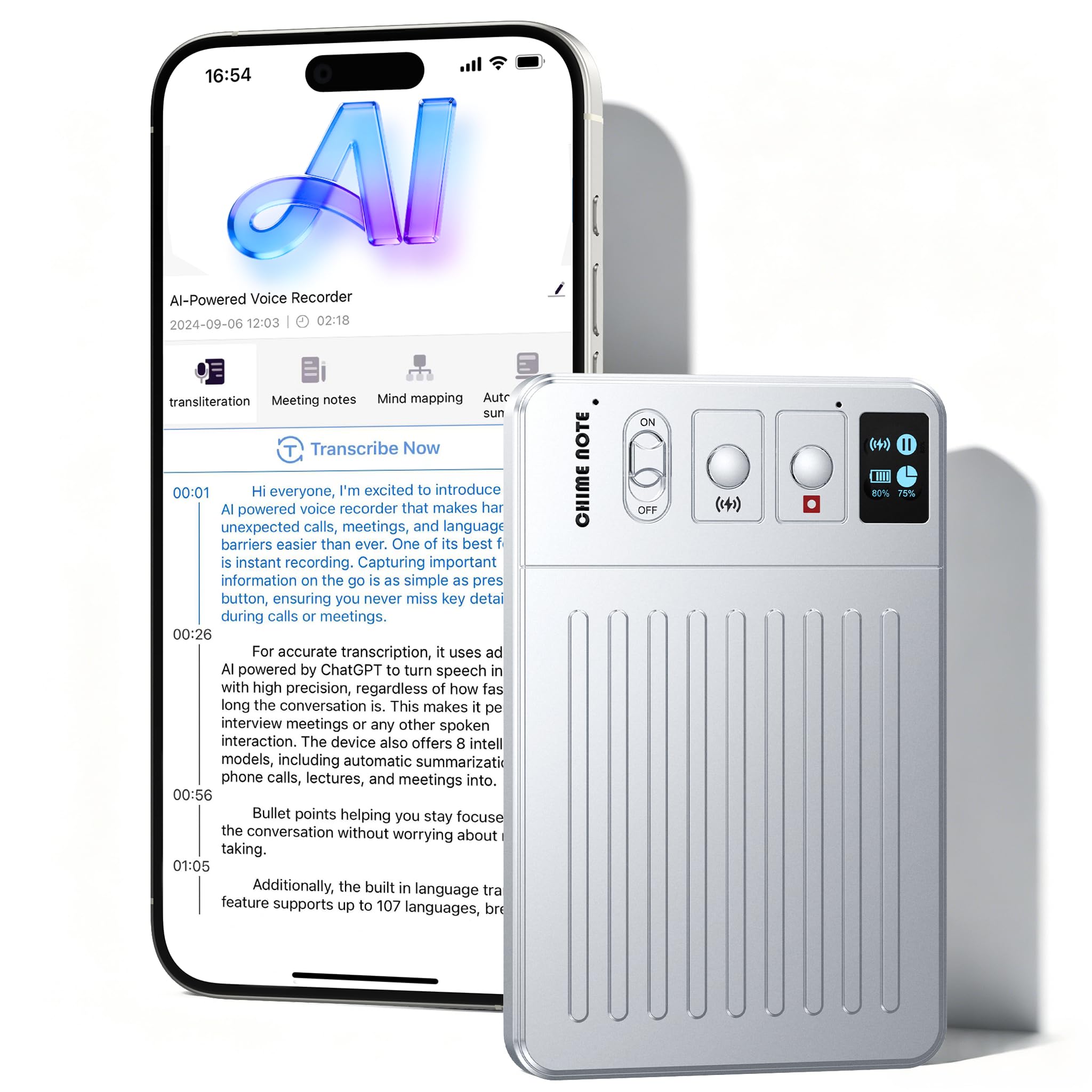 64GB AI Voice Recorder with Smart Transcription & Summary — Voice Activated Portable Digital Voice Recorder for Business Meetings & Lectures, Magnetic, ClicoByte Chime, Silver