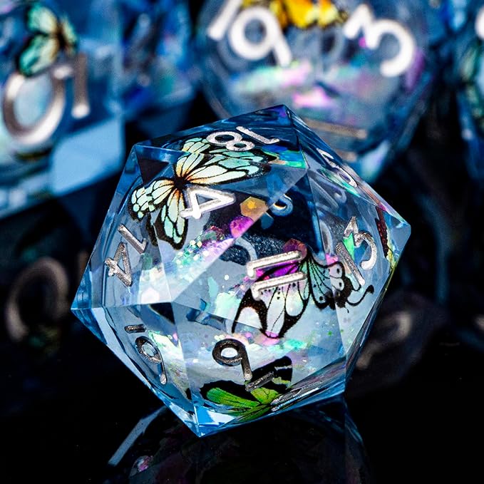 Butterfly DND Dice Colorful Blue Liquid Core Dice Set with Metal Box, Handmade Sharp Edge D and D Polyhedral Dice for use with D&D Role Playing Game, D20 D12 D10 D8 D6 ﻿