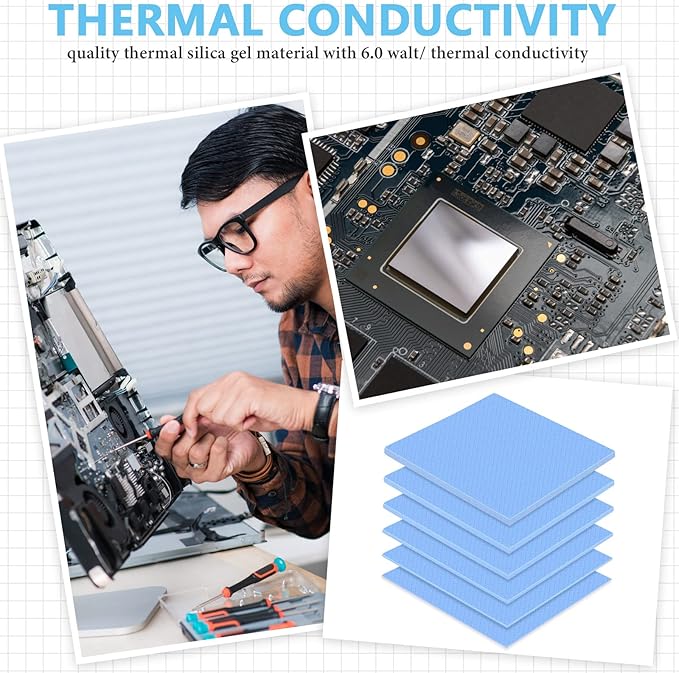 Frienda 6 Pcs Thermal Pad 100 x 100 mm, 0.5 mm, 1 mm, 1.5 mm, 2 mm, 2.5 mm, 3 mm Heat Resistant Conductive Silicone Thermal Pads Conductivity 6.0 W/M for Laptop Heatsink CPU GPU LED Cooler(Blue)