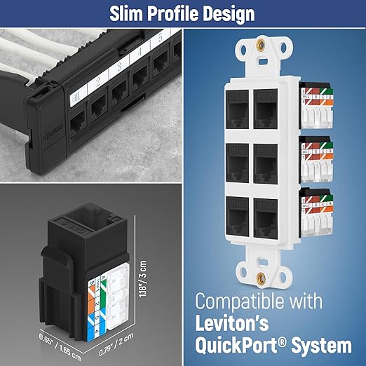 Everest 90° Angled RJ45 Cat6 Keystone Jacks 10-Pack in Black - Slim Profile Female RJ45 Connectors - Cat 6 Keystone Jack - Compatible with 90° Angled Speed Termination Tool - easyJACK (B094WB91H3)