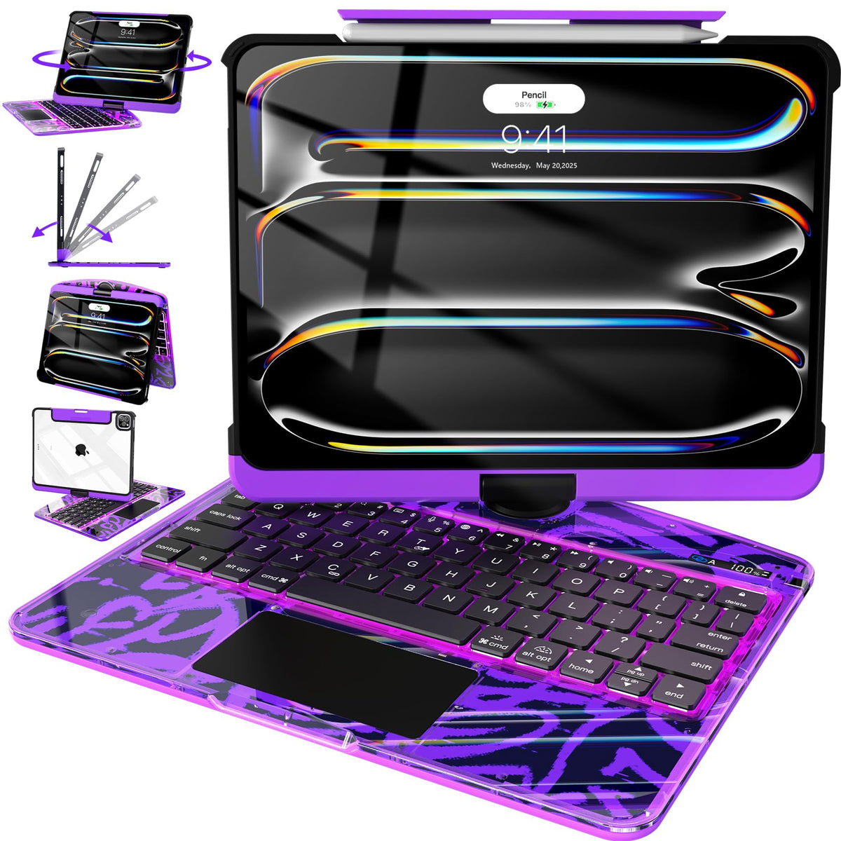 Intermerge Transparent Keyboard Case for iPad Pro 13"(M5,2025/ M4,2024), 360° Swivel Multi-Touch Trackpad, 7-Color RGB Backlit, Pencil Holder, Type-C, Power Indicator, Aqua Pulse