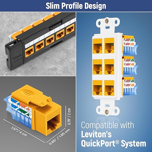 Everest 45° Angled RJ45 Cat5e Keystone Jacks 10-Pack in Yellow - Slim Profile Female RJ45 Connectors - Cat 5e Keystone Jack - Compatible with 45° Angled Speed Termination Tool - 45Term (B0BL3GS7ZY)