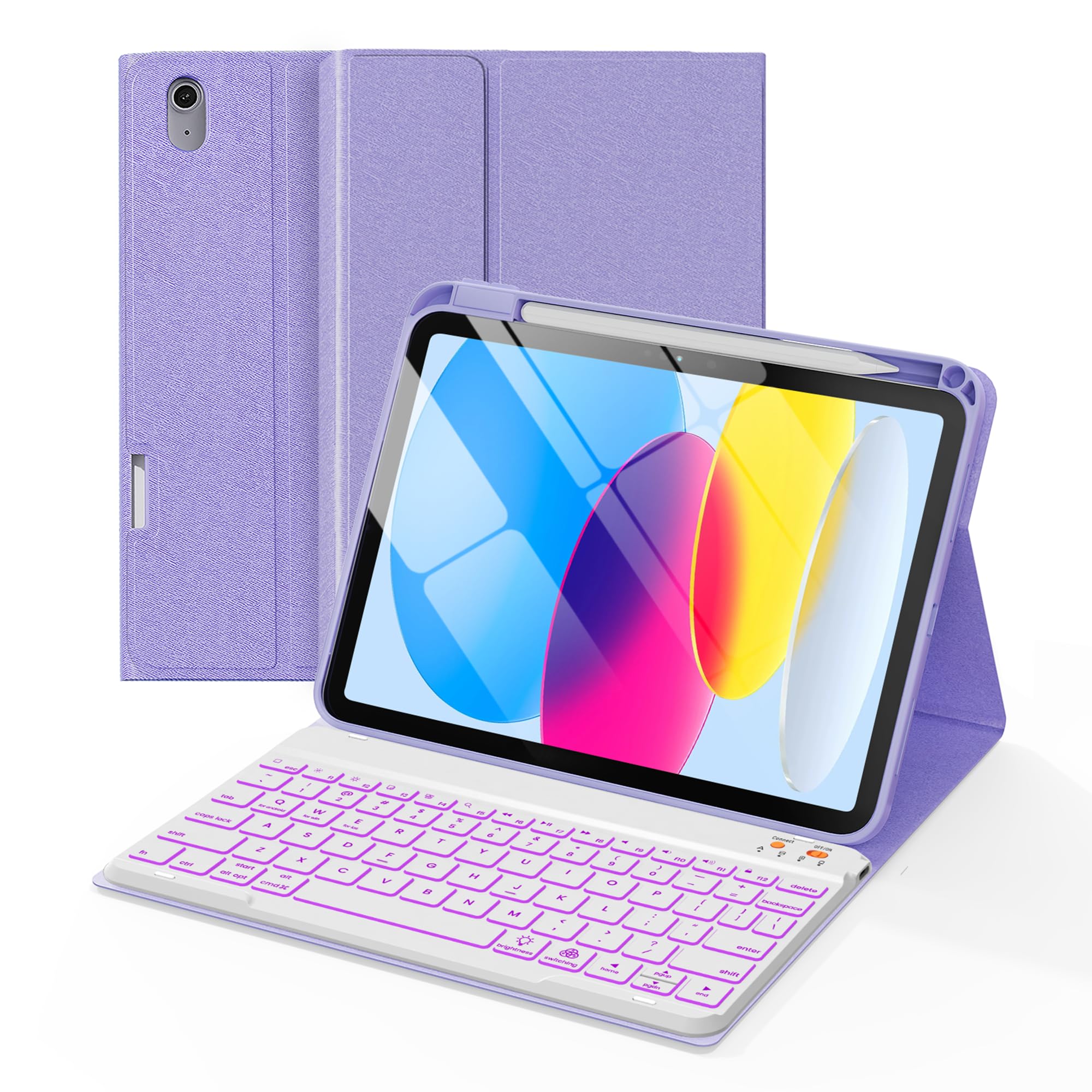 Senyoson for iPad A16 Case with Keyboard - 7 Color Backlit Magnetic Wireless Detachable Folio Keyboard Cover with Pencil Holder for iPad 11th 10th Generation, Purple