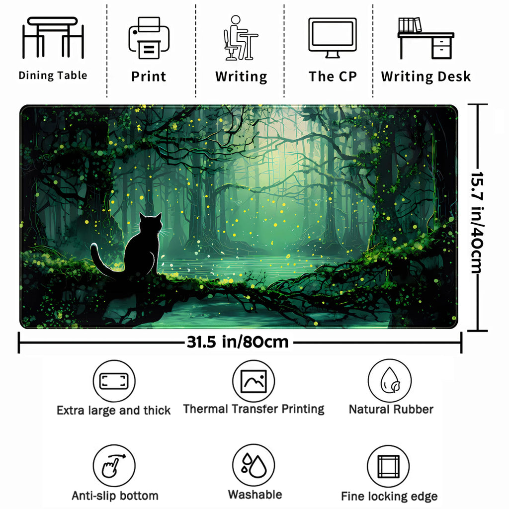 Kawaii Green Forest Desk Pad Mouse Pad Cute Black Cat Desk Mat, XXL Extended Anime Cats Large Gaming Mousepad, Computer Keyboard and Mouse Deskpad Decor Deskmat with Stitched Edges Mat 31.5x15.7 in