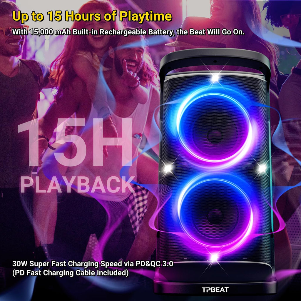 QxbJoy Portable Bluetooth Speaker: 160W Peak Powerful Loud Sound Deep Bass Wireless Boombox Large Subwoofer 15 Hours Battery Life Fast Charging with Led Light Show for Party Outdoor Camping Backyard