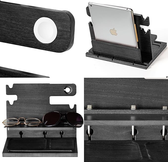 Black Wood Phone Docking Station for up to 3 Phones - Nightstand Organizer for Men & Women, Compatible with Apple Watch, Holds Phones, Tablets, Keys, Rings, Glasses, Watches, EDC & More