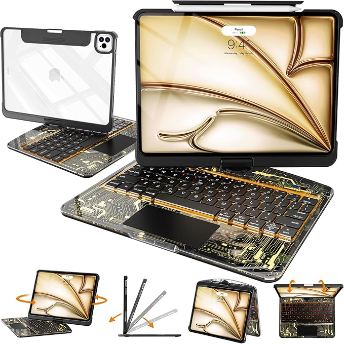 Intermerge Clear Keyboard Case for iPad Air 13" (M3/M2, 2025/2024) & Pro 12.9" (2022-2018) - 360° Rotatable Trackpad, RGB Backlit Keyboard, Pencil Holder, Power Indicator, Type-C, Shadow Pulse