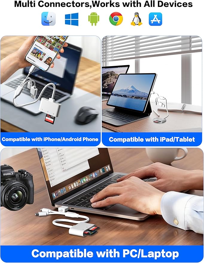 XD/TF/SD to iPhone Adapter Reader with USB-C, USB-A, Lightning - 3in1 SD MicroSD xD-Picture Card Reader, OTG Adapter SD Card Adapter for Smartphone/iPhone 17/16/15/14/13/iPad/PC/Android/Macbook/Camera
