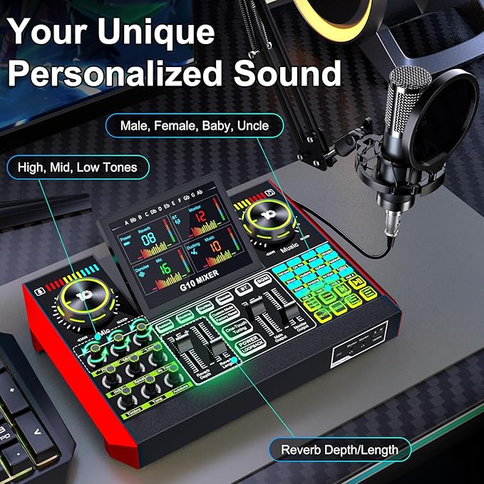Podcast Equipment Bundle with 3.5mm Condenser Microphone for Pc/Phone Live Streaming Singing Gaming, Podcast Microphone Bundle with Live Sound Board Audio Mixer,Voice Changer, Denoise,DJ Sets