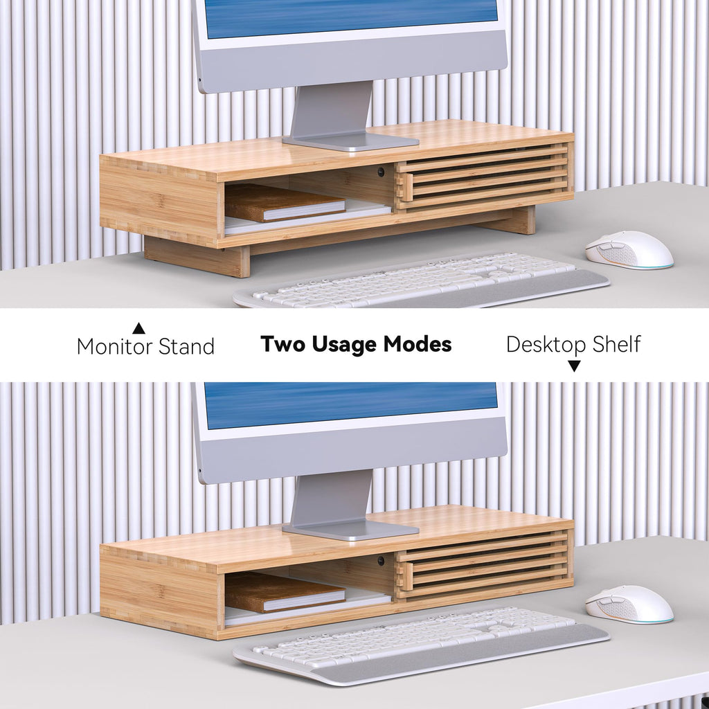 WELL WENG 25" Monitor Stand with Sliding Doors Desk Shelf Bamboo