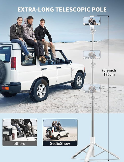 71" Cell Phone Selfie Stick Tripod, Smartphone Tripod Stand with Remote, Extendable Travel Phone Selfie Stick Compatible with iPhone 17/16/15/14/13 Pro Max Gopro Android DJI (White)