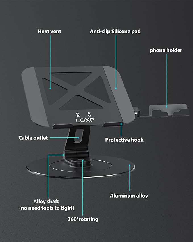 Adjustable 10-17.3" Laptop Stand for Desk with 360 Swivel Larger Base & Rotating Phone Holder, Aluminum Computer Stand for Laptops, Ergonomic Laptop Riser Fits MacBook, HP, Dell, All Laptops