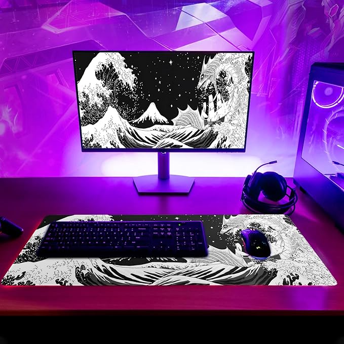 Black and White Japanese Wave Dragon Gaming Mouse Pad - Abstract Mat with Non-Slip Rubber Base, 31.5x11.8 Inch, Stitched Edges - Desk Pad for Office and Home