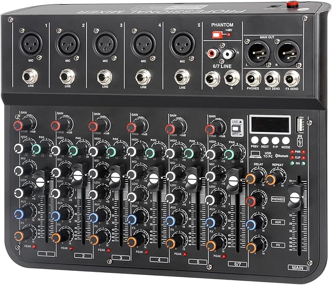 7 Channel mixer, DJ Mixer Board with Bluetooth and Usb, Audio Sound Card with Interface Recording and 48V Phantom Power, Sounds Mixer Board with FX Reverb Delay Effect for Streaming