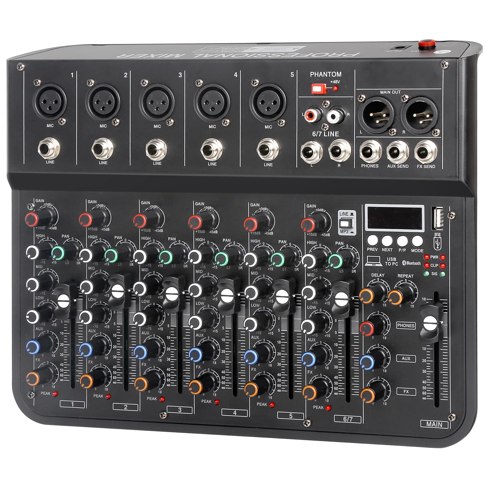 Jindaaudio 7 Channel mixer, DJ Mixer Board, Audio Sound Card with Interface Recording and 48V Phantom Power, Sounds Mixer Board with FX Reverb Delay Effect for Streaming